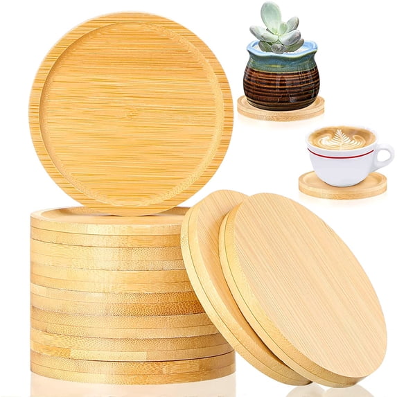 10 Pcs Round Bamboo Coasters for Planters Small Plant Saucer 3.74 Inch Bamboo Planter Drink Saucer Trays DIY Resin Coasters Gifts Tabletop Planters Protection Decoration