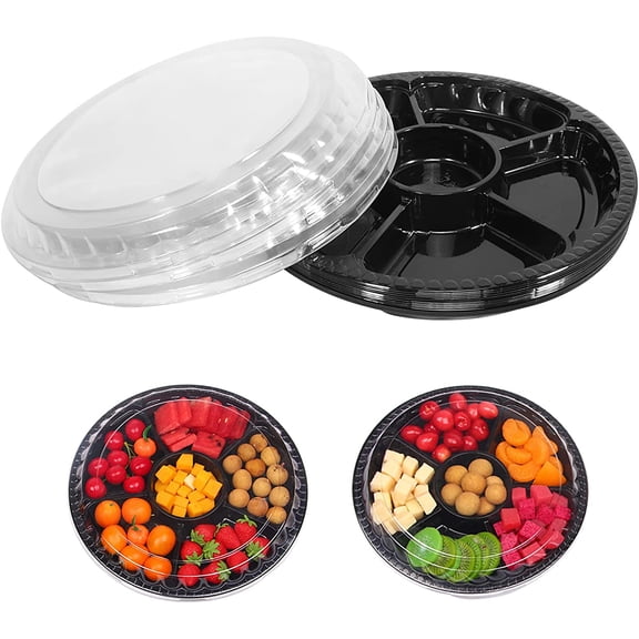 10 Pcs Round Plastic Appetizer Tray with Lid Divided Serving Tray Disposable Food Storage Trays Containers Plastic Tray Storage Snack Fruit Vegetable Trays for Party (black, 13.7 x 13.7 x 2 Inch)