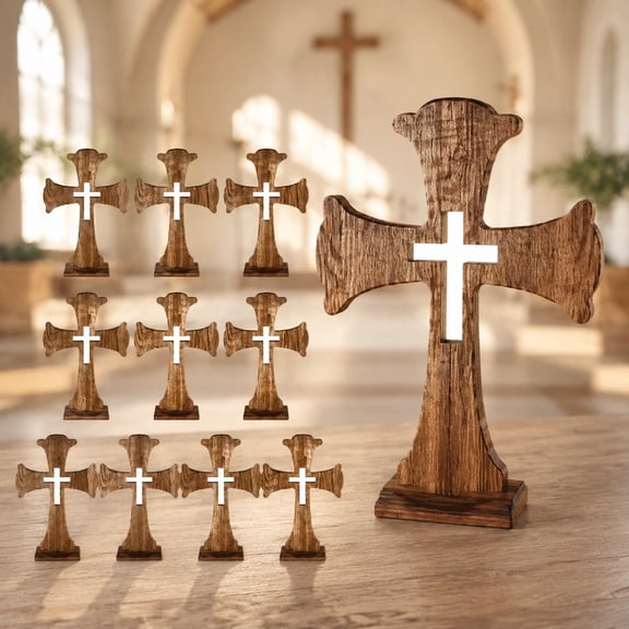 10 Pcs Rustic Wooden Standing Crosses with Base, Dark Brown Hollow Tabletop Cross Decor, Handmade Wood Religious Display for Home Prayer Room, Wedding Ceremony, Christmas Gift and Church Decoration