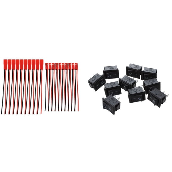 10 Pcs SPST Mini Black 2 Pin Rocker Switch AC 125V 10A 250V 6A with 10 Pairs 2 Pin JST Plug Socket Connector