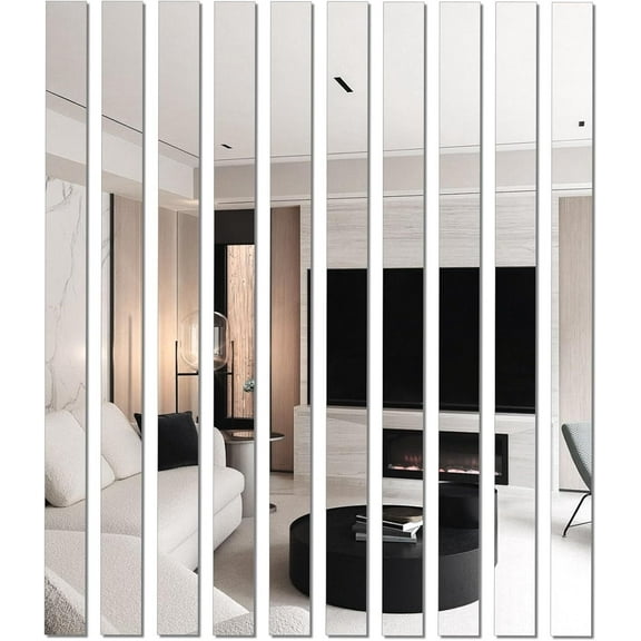 10 Pcs Self Adhesive Acrylic Mirror, 2 x 20 Inch Mirror Tiles, Flexible Plastic Mirror Sheets Wall Stickers, 2MM Thick Mirror, Frameless Small Mirror or Home Living Room Bedroom DIY Decor