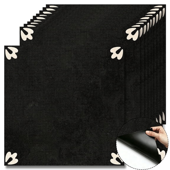 10 Pcs Self Adhesive Vinyl Floor Tiles 12"x12" Cover 10 Sq.Ft, Removable Waterproof Retro Black Peel and Stick Flooring DIY Decorative Floor Stickers for Bathroom Kitchen Wall Bedroom Stair Home