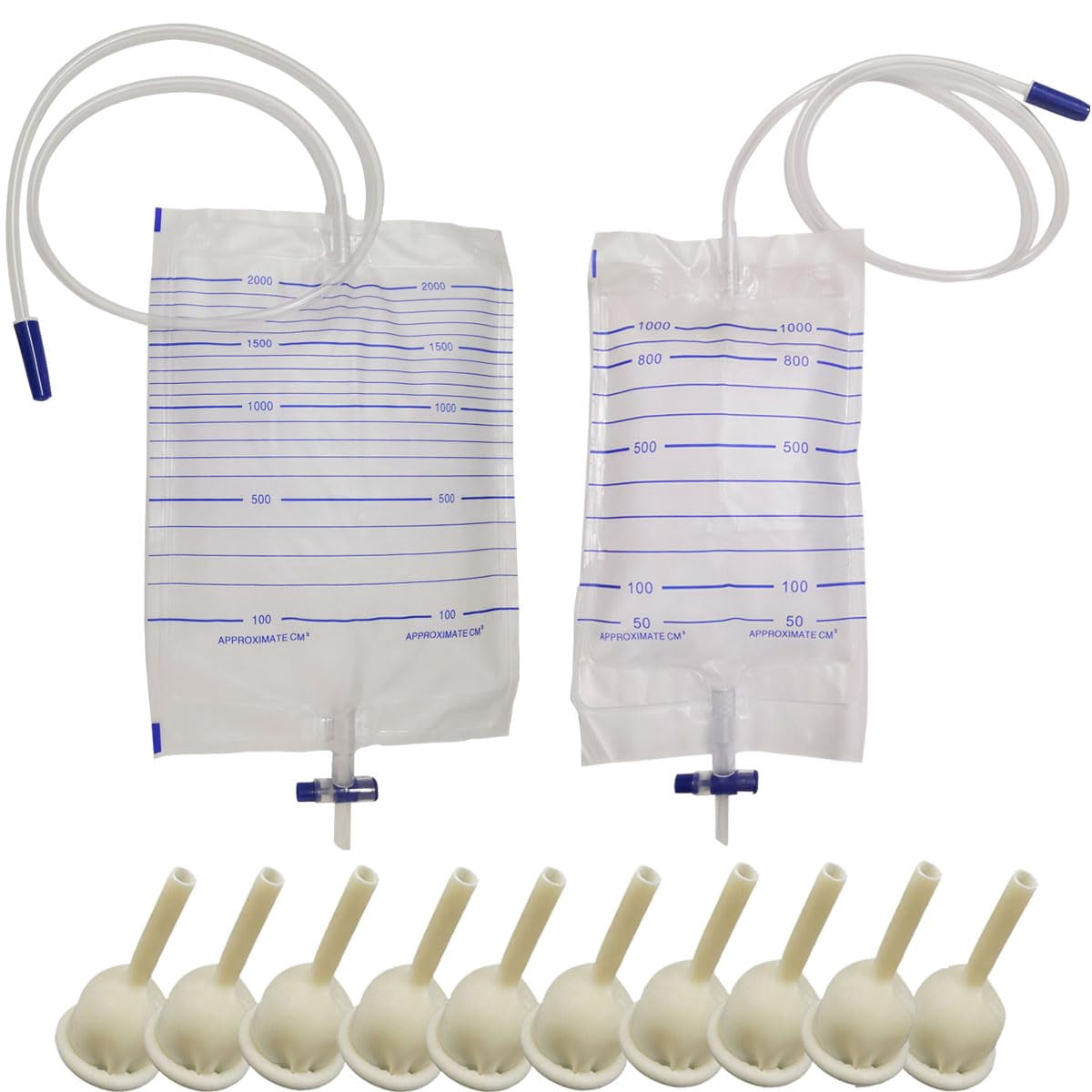 10 Pcs Self-Sealing Latex Male External Condom Catheter Kit, Includes 1000ml Urine Leg Bag + 2000ml Hanging Drainage Bag, Complete Incontinence Urinary Collection System for Men