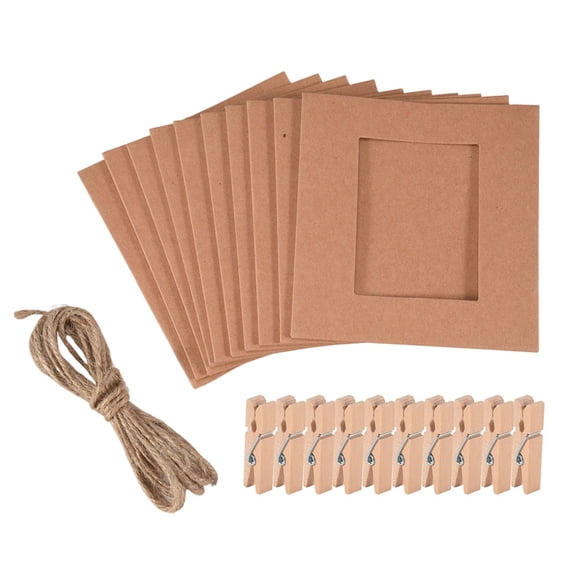 10 Pcs / Set Paper Photo DIY Wall Picture Hanging Frame Album Rope Clip Set Home Decor 3inch Brown,10 x paper frame 10 x Wooden clip 1 x Brown rope,Brown