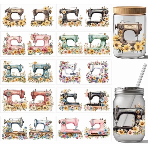 10 Pcs Sewing Machine-Cup Printing UV Transfer Papers 10 Styles Waterproof Vintage Watercolor Flowers UV DTF Cup Wrap Stickers for 16 OZ Glass Cups Crafts