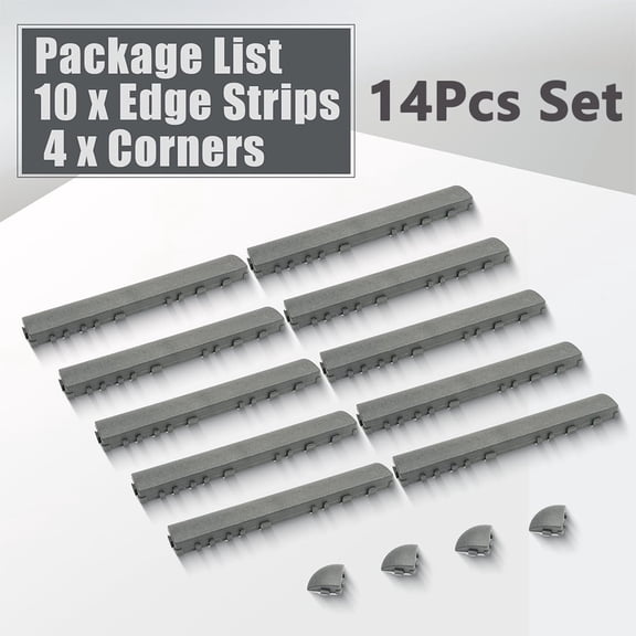 10 Pcs Side Strips And 4Pcs R Corners Set For 12" X 12" Interlocking Deck Tiles Waterproof Plastic Patio Flooring For All Weather Use (Gray)