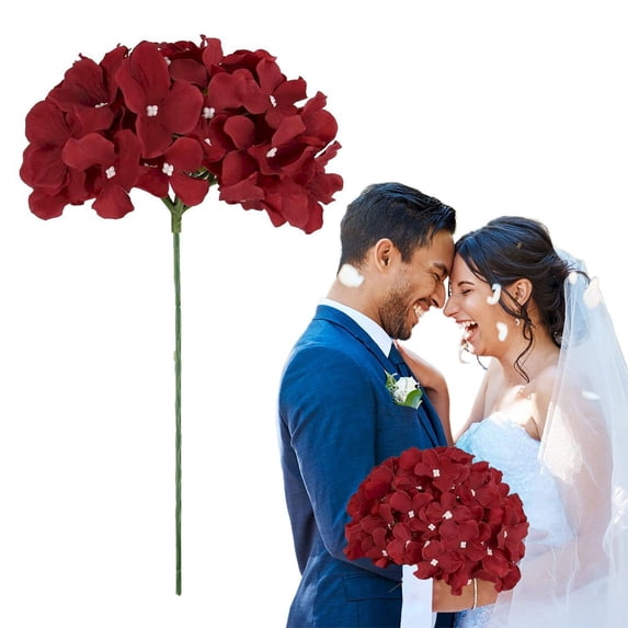 10 Pcs Silk Hydrangea Heads with Stems (Rose Red) - 7" Artificial Flower Heads for Wedding Bouquets, Centerpieces & Home Decor