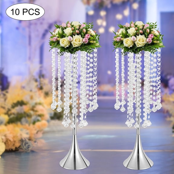 10 Pcs Silver Wedding Centerpieces for Tables, 21.9" Tall Crystal Flower Vase Stand with Acrylic Beads and Diamond Pendants, Trumpet Metal Vase for Wedding Reception Party Table Decor