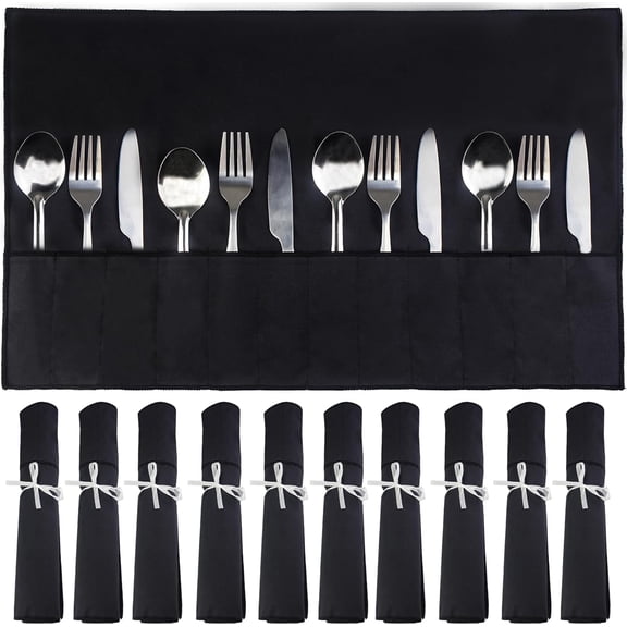 10 Pcs Silverware Organizer,Silver Storage Cloth Felt Flatware Organizer, Silver Protector Bags, Place Setting Roll with Stylish White Ribbon for All Kitchen Cutlery Utensil