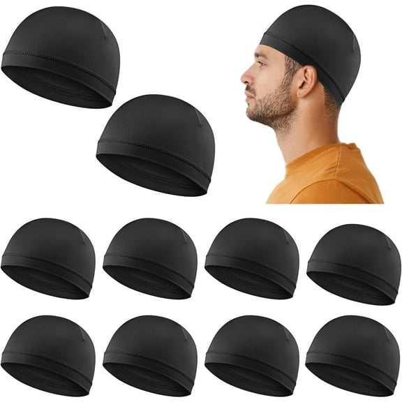 10 Pcs Skull Caps, Cooling Soft Beanie Lightweight Helmet Liner Sweat Wicking Cap Breathable Spandex Helmet Liner Beanie Cycling Running Hat for Men Women Black