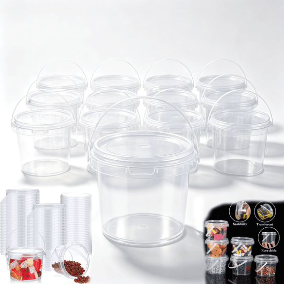 10 Pcs Slime Buckets with Lids, 22 fl oz Clear Plastic Slime Containers with Handles, Thickened Leakproof Buckets for DIY Slime, Crafts, Beads and Small Parts Storage