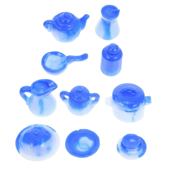 Blue Resin Miniature Tea Set with Creative Design for Decor 10 Pieces Small Teapot Toys
