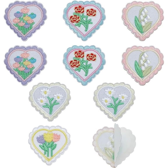 10 Pcs Small Heart Self Adhesive Patches 5 Style Love Heart Sew on Applique Rose Daisy Tulip Lily of The Valley Embroidered Patch for Repair Costume Accessories for Dress Bag T-Shirt