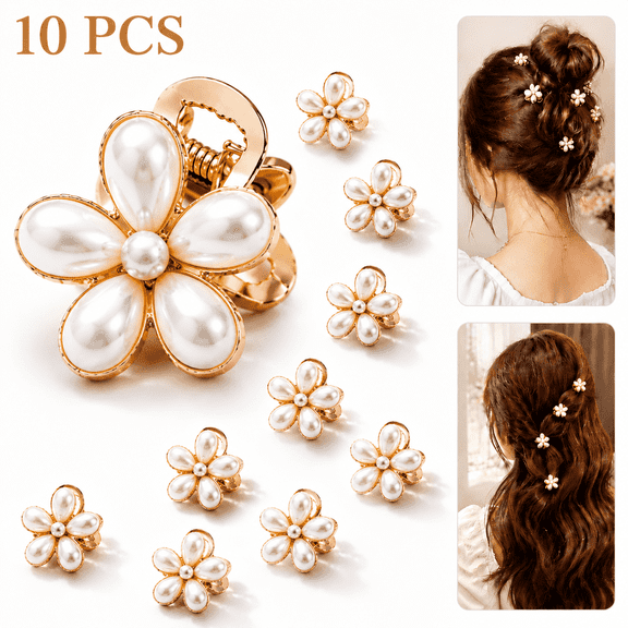 10 Pcs Small Mini Pearl Claw Clips with Flower Design, Sweet Artificial Bangs Clips Decorative Hair Accessories for Women Girls