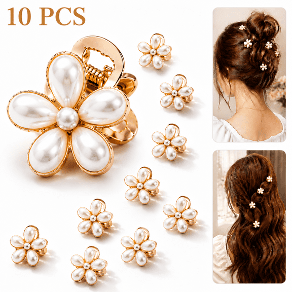 10 Pcs Small Mini Pearl Claw Clips with Flower Design, Sweet Artificial Bangs Clips Decorative Hair Accessories for Women Girls