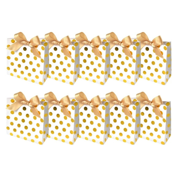 10 Pcs Small Paper Bags With Handles,Gold Dots Print Gift Wrap Bag With Bow Hand,Easter Gift Bags,Mini Gift Paper Bags,Easter Candy Storage Bags,For Parties,Birthday,Wedding,(White,5.51x5.51 in)