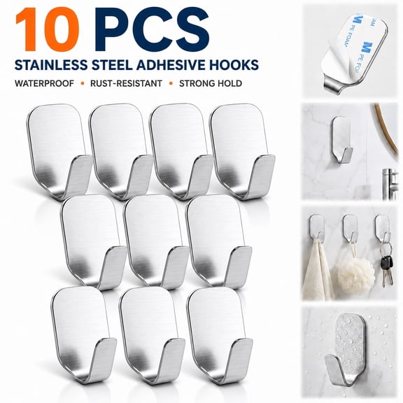 Rongsi Adhesive Wall Hooks, 10 Pcs Small Self Adhesive Hooks, Door Back Stick-On Towel Hooks, Hanging Coat Hat Key Washcloths Aprons