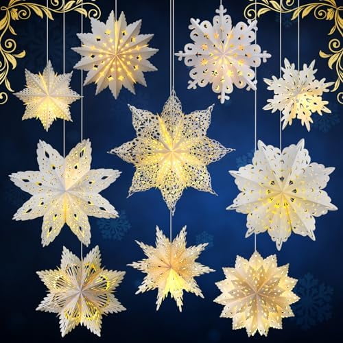 10 Pcs Snowflake Paper Lantern Paper Star Lantern with 14 LED Light Paper Lamp Frozen Party Hanging Decoration for Christmas Weddings New Year Birthday Holiday Celebration, White