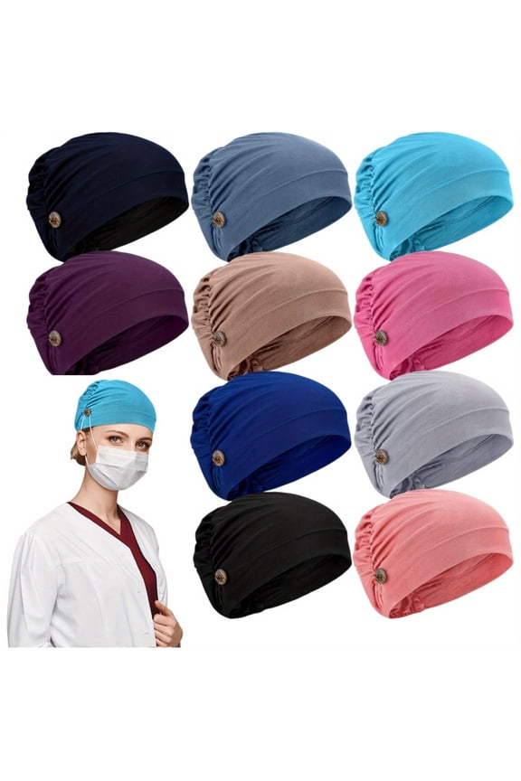 10 Pcs Soft Skullies Caps with Buttons, Nurse Caps Stretch Bouffant Hats Unisex Multicolor Headband