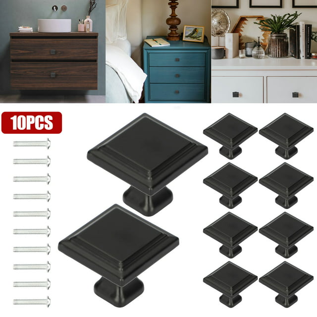 10 Pcs Square Cabinet Knob, TSV Black Pull Handle Drawer Knobs (1.2''), with Fitting Screws, Easy to Install, for Kitchen Cupboard Door, Bedroom Dresser Drawer, Bathroom Wardrobe Hardware