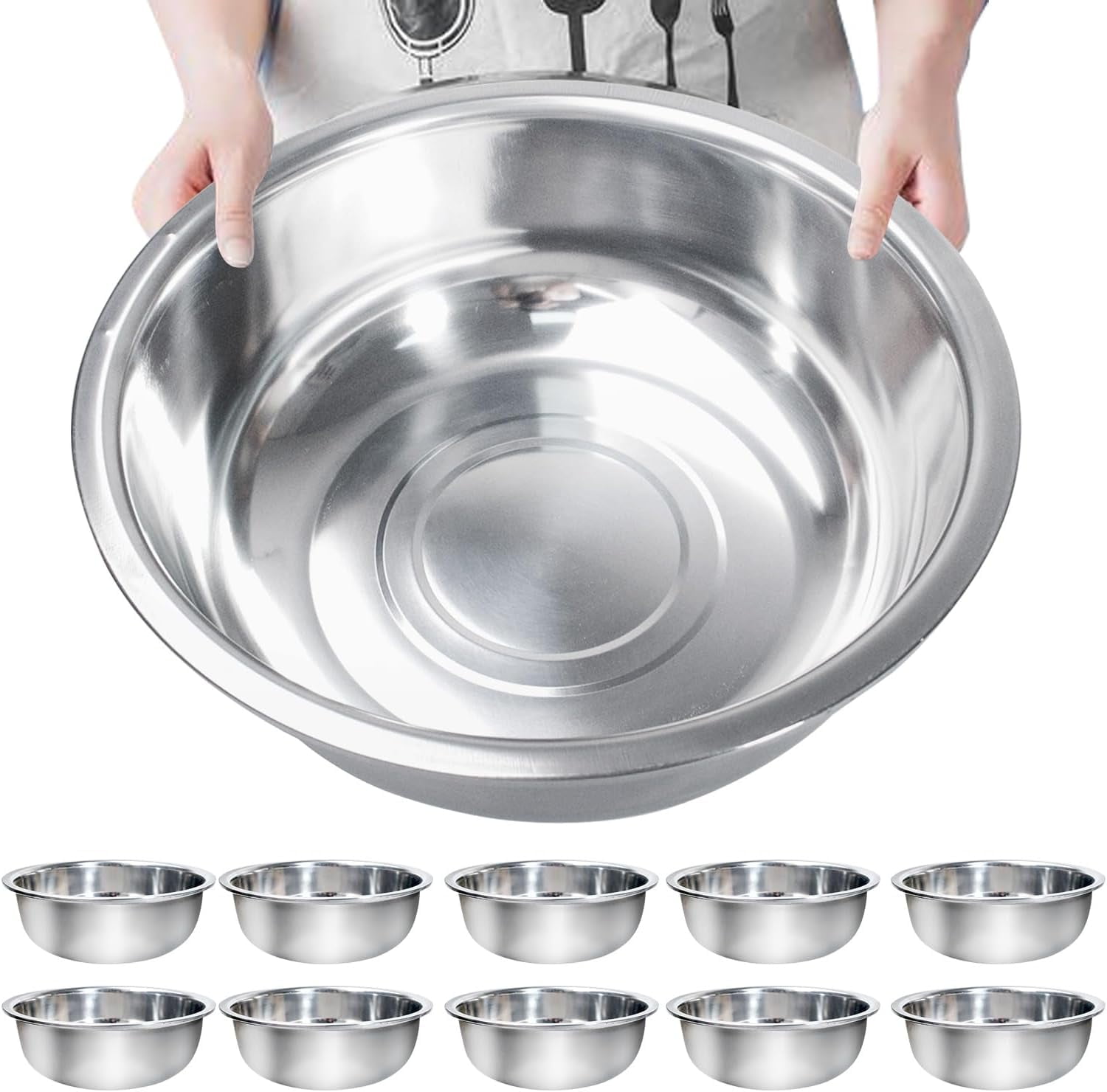 10-Pc Stainless Steel Mixing Bowls Set – 13 Qt Large Bowl, 16 Inch, Mirror Polish, Dishwasher Safe