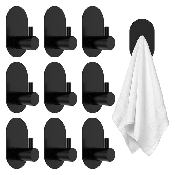 10 Pcs Stainless Steel Self Adhesive Hook for Inside Shower - Sticky Bathroom Wall Hooks for Hanging Towels Robe Loofah Bath Sponge - Matte Black Towel Hooks