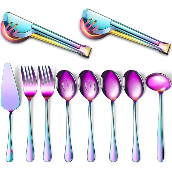 10 Pcs Stainless Steel Serving Utensils Set, Rainbow Buffet Catering Spoons, Forks, Tongs