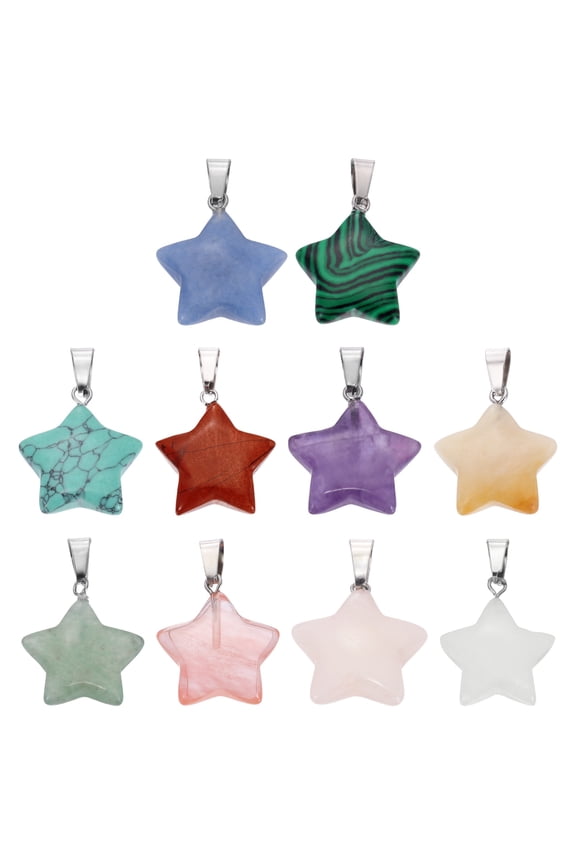 10 Pcs Star Stone Pendants, 20mm Natural Crystal Star Charm Neutral 10 Colors Pentagram Charms Worry Stones for Meditation Energy DIY Necklace Jewelry Making