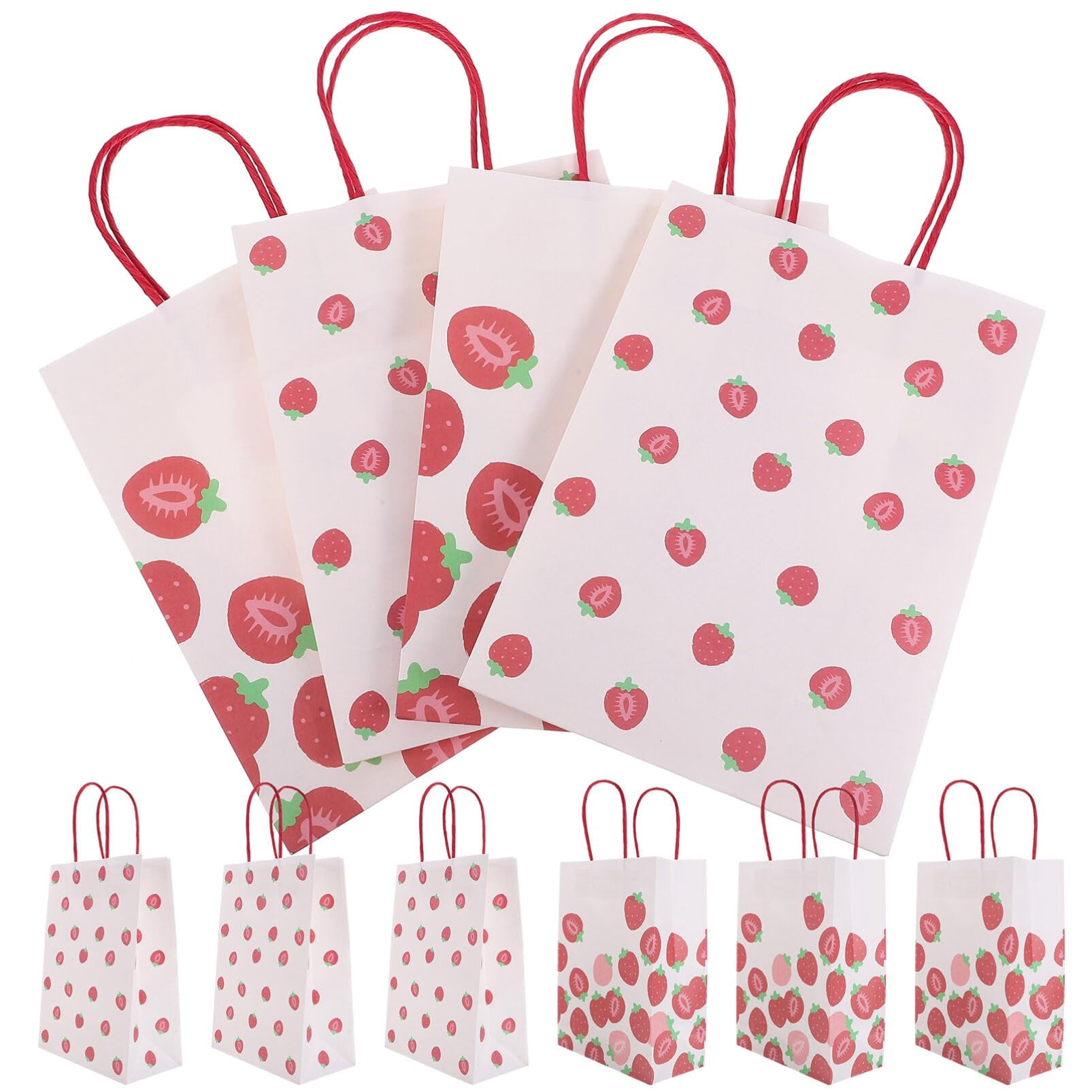 Whaline 24 Pack Strawberry Gift Bags – Pink & Red Paper Goody Bags With Handles For Birthday & Baby Shower