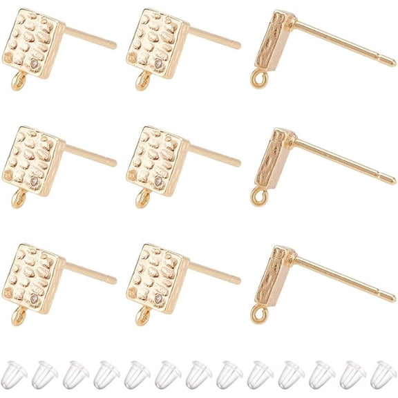 10 Pcs Stud Earrings Components Real 18k Gold Plated Princess Cut Cubic Zirconia Cube Earrings Set with Ear Nuts Peg Earrings Post with Loop for DIY Adding Charms Jewelry Women Gold DIY