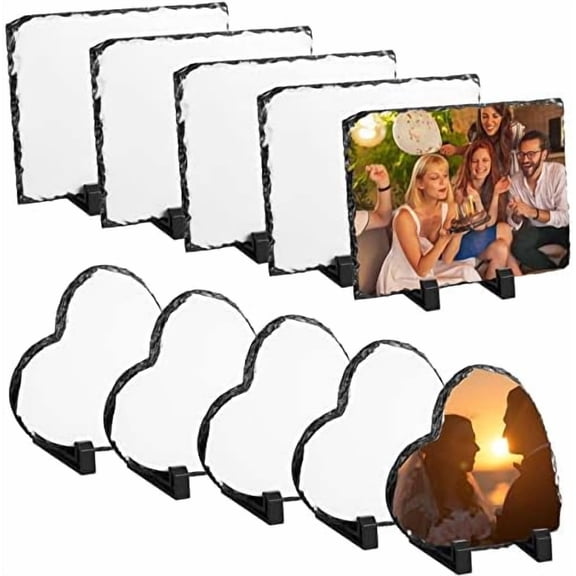10 Pcs Sublimation Slate Blanks Rectangular Heart Slate Rock Stone Photo Frame with Display Stand Sublimation Blank for Valentines Wedding Gifts Desktop Souvenir, 7.9" x 5.9", 5.9" x 5.9"