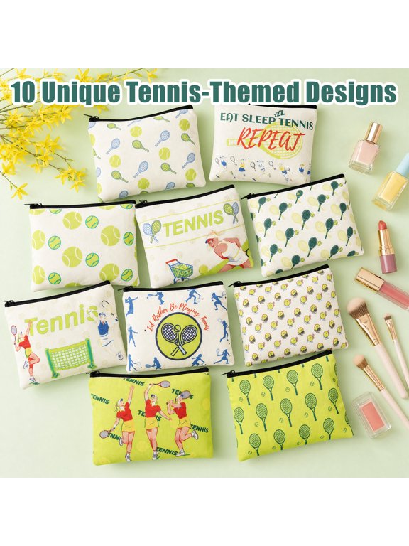 10 Pcs Summer Tennis Gift Set, Cosmetic Bags Bulk Green Theme Tennis Makeup Pouches for Players Coaches Sports Team, Party Favor Organizer Travel Storage Bags Inspirational Tennis Lover Gift
