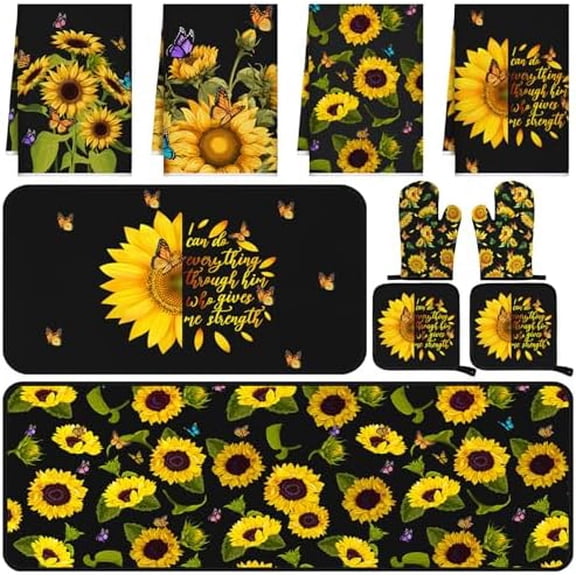 10 Pcs Sunflower Kitchen Decor Sunflower Oven Mitts and Pot Holders Set Black Dish Towels Summer Rugs Mats Farmhouse Kitchen Accessories for Chef Baking Cooking Grilling BBQ Women Home Gift