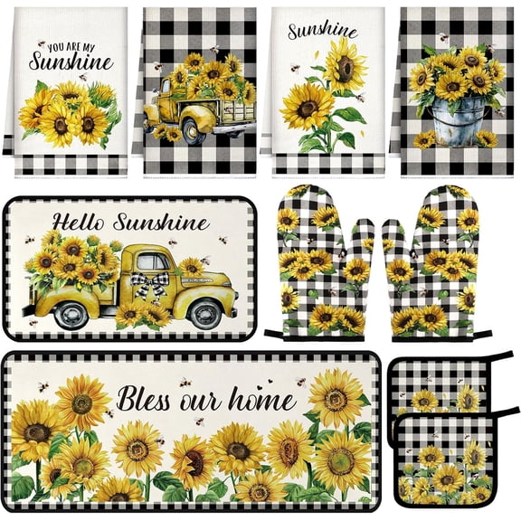 10 Pcs Sunflower Marble Kitchen Decor Oven Mitts Pot Holders 2 Kitchen Rugs and 4 Towels for Cooking Baking Mom Gift Home Decor(Sunflower)