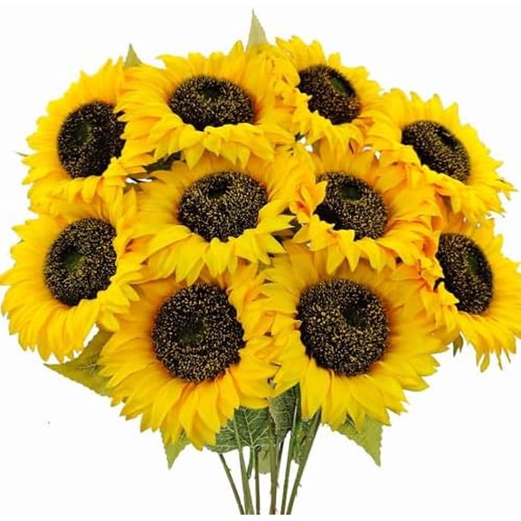10 Pcs Sunflowers Artificial Flowers with Long Stems Silk Fake Large Sunflowers Bouquet Faux Sunflower Arrangement for Outdoor Indoor Home Vase Table Wedding Party Garden DIY Decor (Yellow)
