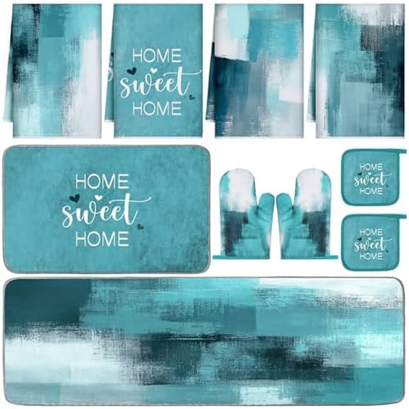 10 Pcs Teal Turquoise Oven Mitts and Pot Holders Kitchen Decor and Accessories Set Turquoise Kitchen Towels Modern Boho Oven Gloves for Home Decorations Cooking Baking Housewarming Gifts