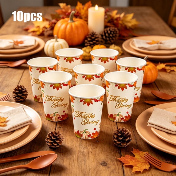 10 Pcs Thanksgiving Disposable Paper Cups, Pumpkin Maple Leaf Printed Fall Table Drinkware for Holiday Dinner Party Gathering Festive Table Decor