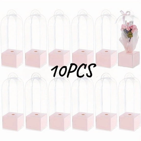 10 Pcs Transparent Floral Gift Boxes with Handles - Sturdy Pink Paper Base Packaging, Portable Clear Plastic Boxes for Weddings, Birthdays & Anniversaries