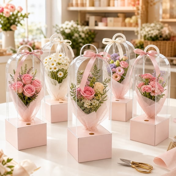 10 Pcs Transparent Floral Gift Boxes with Handles - Sturdy Pink Paper Base Packaging, Portable Clear Plastic Boxes for Weddings, Birthdays & Anniversaries