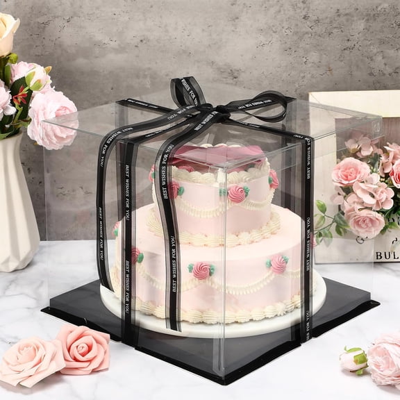 10 Pcs Transparent Tall Cake Boxes 12x12x10 Inch Large Clear PET Wedding Cake Carrier with Ribbon for Party Birthday Dessert Display