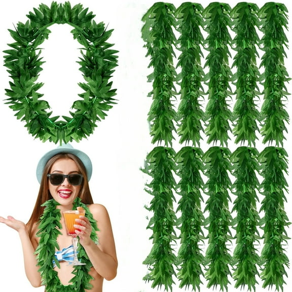 10 Pcs Tropical Green Leis 43inch Fern Leaf Necklace Fake Hawaiian Leis Artificial Fern Garland for Summer Luau Beach Pool Party Favors Decorations, Green