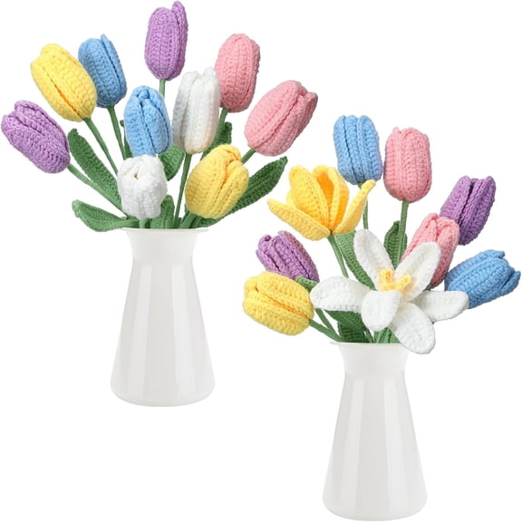 10 Pcs Tulip Crochet Flowers Bouquet Handmade Knitted Flower Decor Birthday Gifts for Mom Mother's Day Women Grandma Spring Home Vase Centerpiece