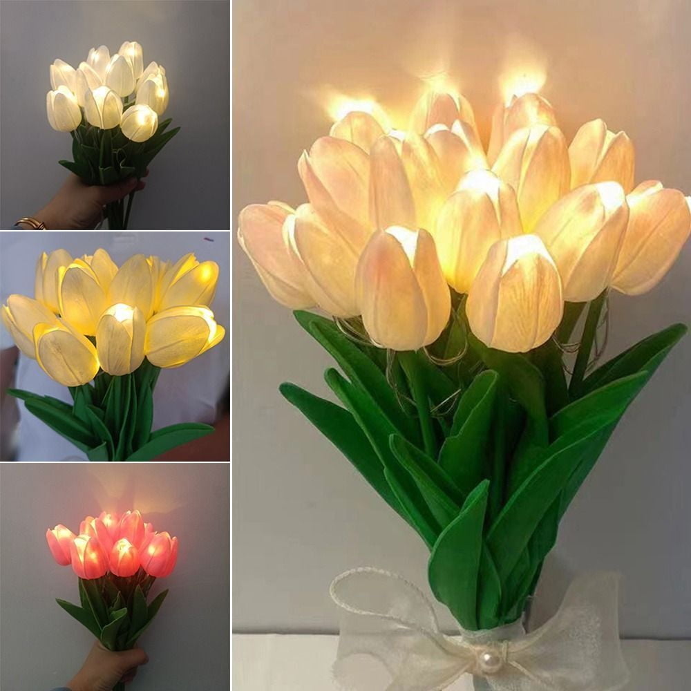 10 Pcs Tulips Artificial Flowers with LED Light, Real Touch Fake Bouquet for Home Decor, Table