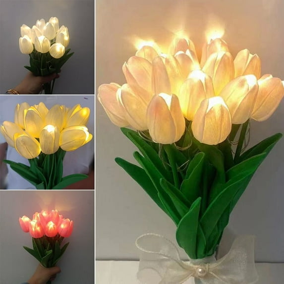 10 Pcs Tulips Artificial Flowers with LED Light, Real Touch Fake Bouquet for Home Decor, Table Centerpieces ,Gifts for Valentine's Day, Thanksgiving Day (White)