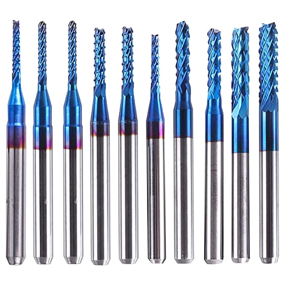 10 Pcs Tungsten Carbide End Mill Set, 1.5-3.175mm CNC Router Bits, Blue Coated Milling Cutter Carbon Fiber Wood Engraving Bit, Suitable for Side Milling, End Milling, Finish Machining,multicolor