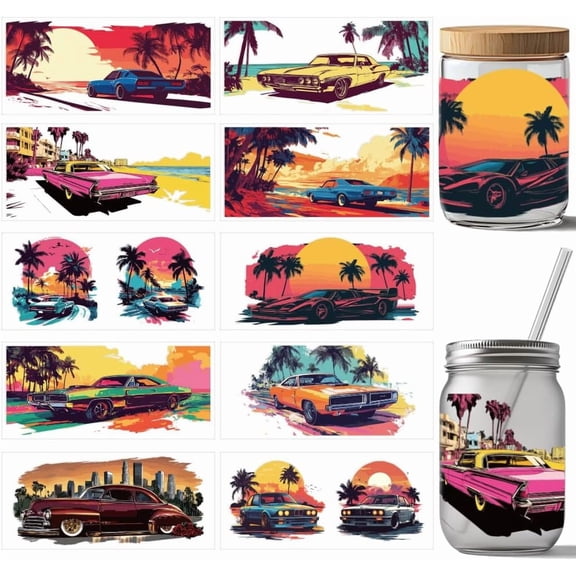 10 Pcs UV DTF Cup Wrap Transfer Sticker 10 Styles Sunset Car Coconut Trees Retro Transfer Paper Rub on Stickers PVC Cup Wrap Waterproof Rub Decals