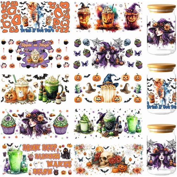 10 Pcs UV DTF Cup Wraps 10 Styles Autumn Themed UV DTF Decals Waterproof Transfer Sticker Decals for DIY Water Bottle Glass Cups Wood Crafts 9.5x4.3 Inch