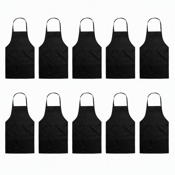 10 Pcs Unisex Solid Black Bib Apron Set, 27.5 x 23.5 Inch Kitchen Aprons with Front Pocket, Adjustable Neck Strap Work Apron for Cooking Baking Restaurant Craft Use