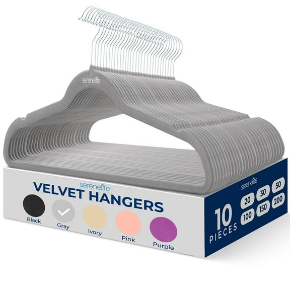 10 Pcs. Velvet Hangers - Non-Slip, Sturdy, and Heavy Duty Coat Set with 360 Swivel Hook for Clothes (Grey)