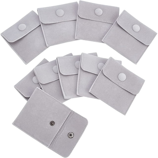 10 Pcs Velvet Jewelry Pouches with Snap Button, Light Grey Velvet